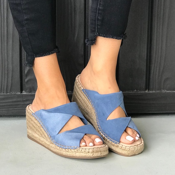 NIB Denim Blue Leather Espadrille Heel Mule Slides - Picture 2 of 7